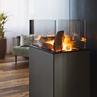 eSENSE Living è un mobile in acciaio con un fuoco elettrico integrato. Fuoco elettrico in soggiorno eSENSE Living