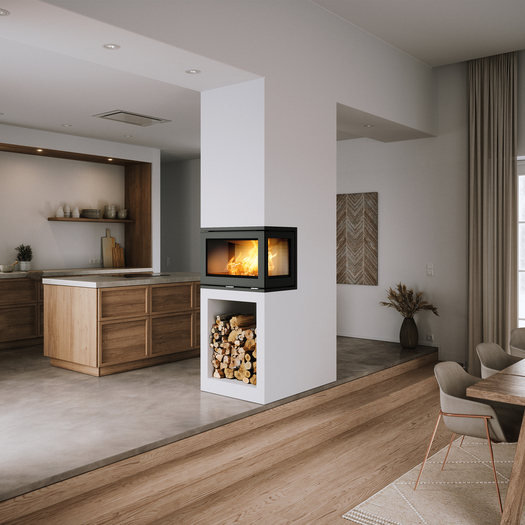 R-500 dreiseitig Holz-Kamineinsatz R-500 dreiseitig verglast eingebaut, zwischen Küche und Esszimmer