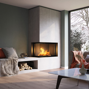 VISIO 2 L rechts Holz-Kamineinsatz VISIO 2 L mit einer gemütlichen Seitenbank im Wohnzimmer bei Winterstimmung