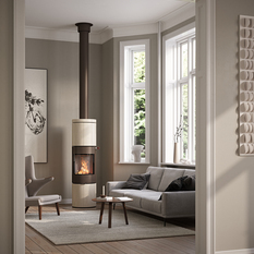 JUNO 166 L mit Naturstein «Porto» Verkleidung und Stahltüre in der Farbe Mokka JUNO 166 L mit Naturstein «Porto» Verkleidung und Stahltüre in der Farbe Mokka im modernen Wohnraum mit grossen Fensterfronten