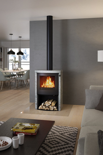 Q-TEE 2 C Speckstein mit Stahltür  Holz-Kaminofen Q-TEE 2 C Speckstein mit Stahltür und Holzfach im Wohnhaus in verschiedenen Grautönen